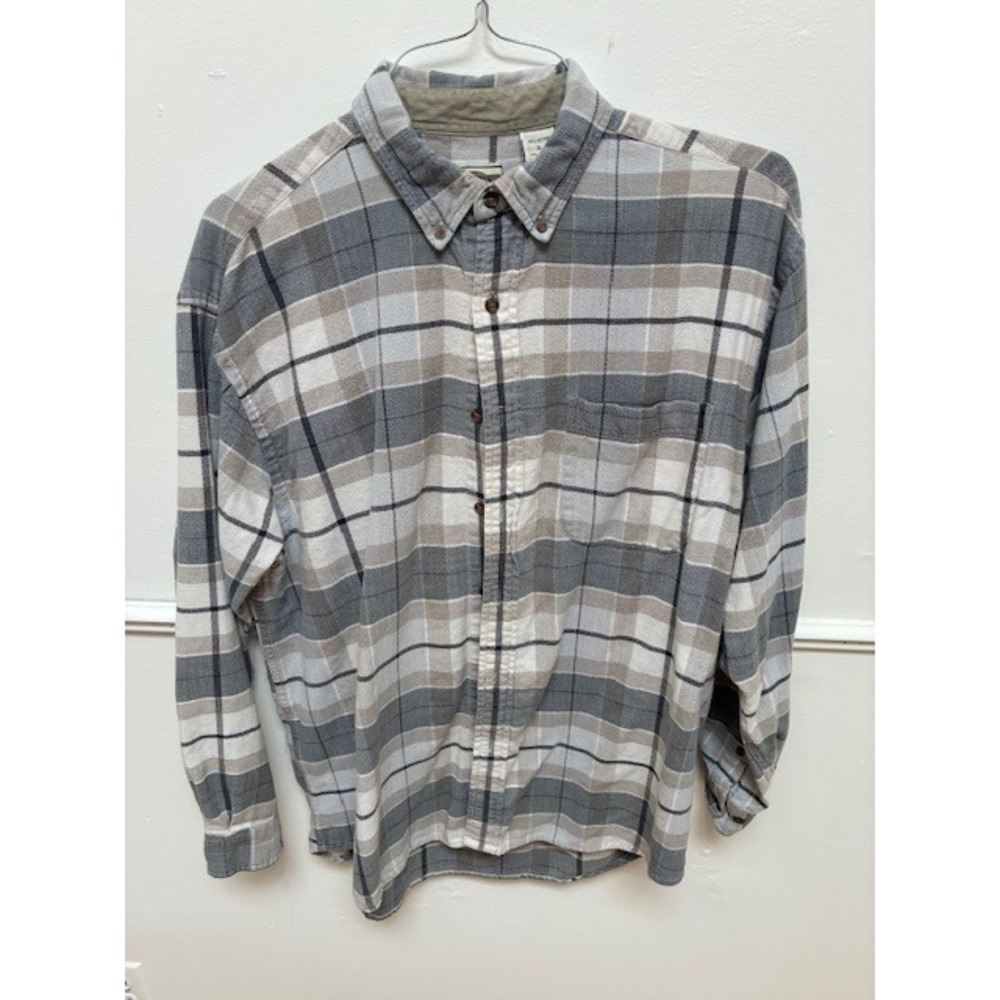 LL Bean‎ Mens XL Grey Tan Plaid Flannel Long Sleeve Button Down Shirt Pocket